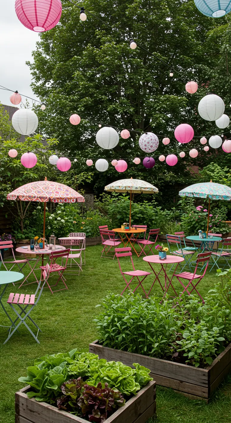Grand jardin avec tables colorées, parasols, lampions et carrés potagers.
