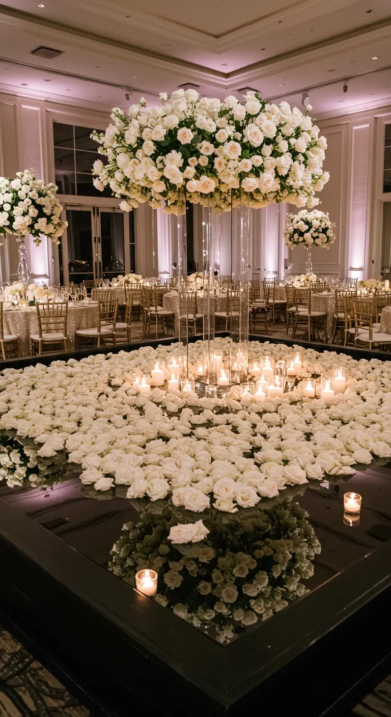 Centre de table spectaculaire avec des roses et des bougies sur une base miroir noire.