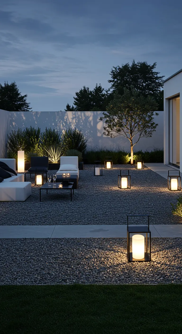 Jardin moderne avec du gravier, parsemé de lanternes design carrées et rectangulaires.