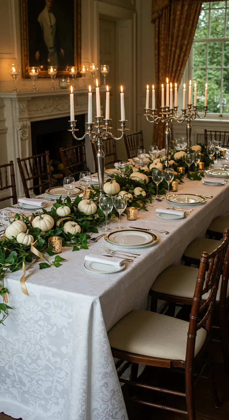Longue table blanche avec guirlande de lierre, citrouilles blanches, bougeoirs argentés et votives dorés.