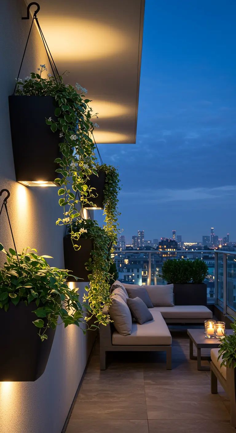 Balcon de ville la nuit avec des jardinières suspendues éclairées par des spots.