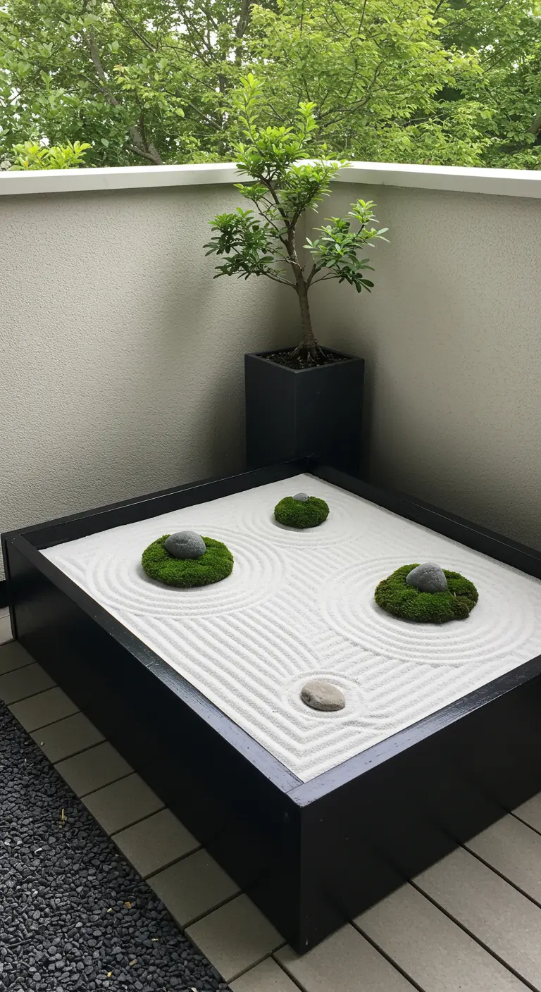 Mini jardin zen avec sable blanc ratissé, mousse et pierres sur un balcon.