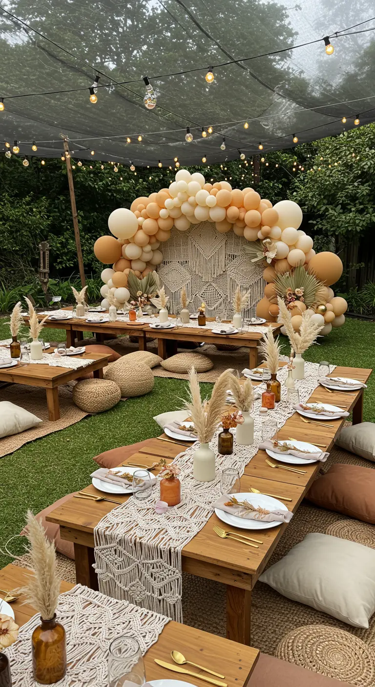 Arche de ballons bohème dans un jardin avec tables basses et coussins moelleux.