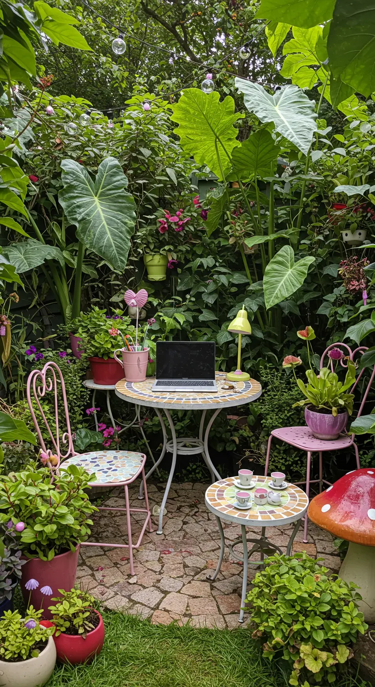Bureau féérique dans un jardin coloré avec table mosaïque, chaises pastel et plantes abondantes.