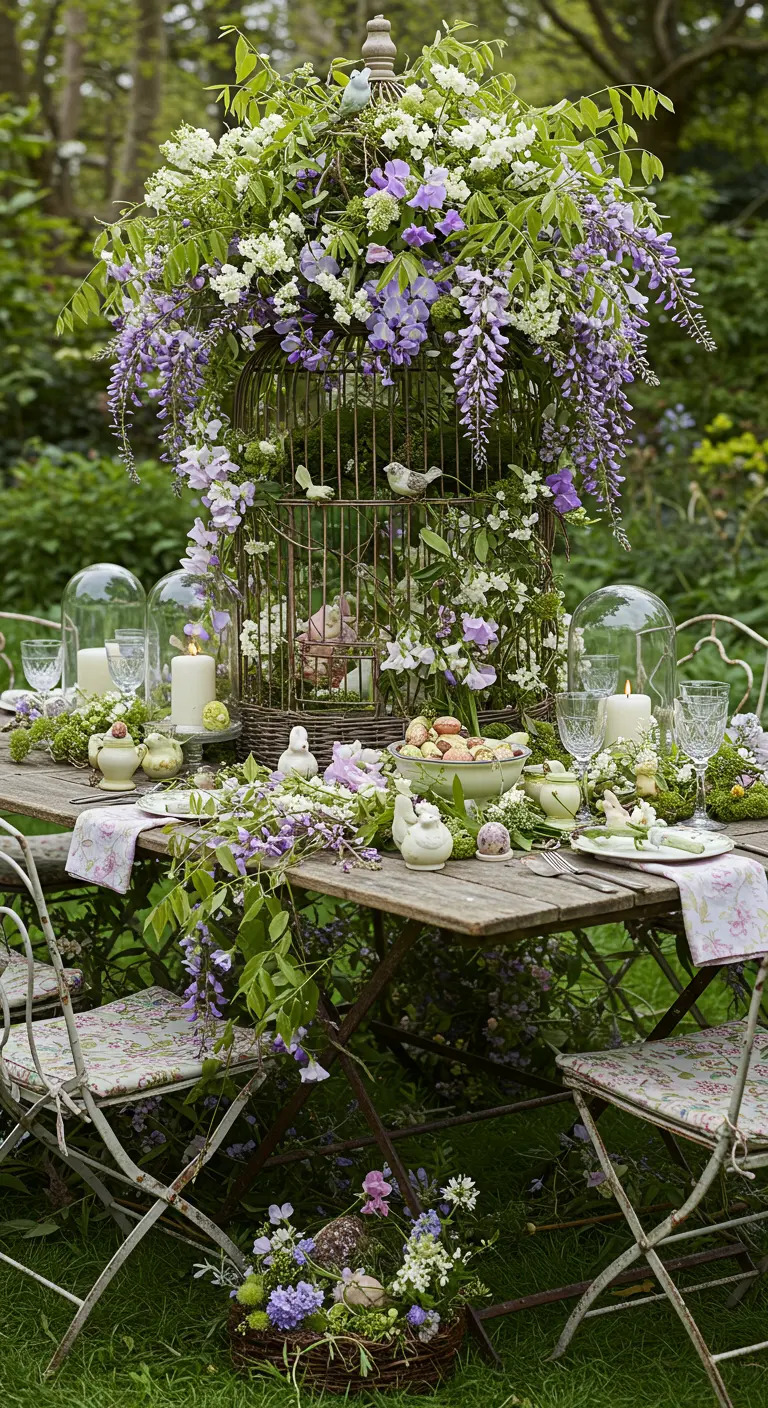 Table de jardin avec une cage à oiseaux fleurie de glycine et de fleurs blanches, entourée de bougies sous cloches.