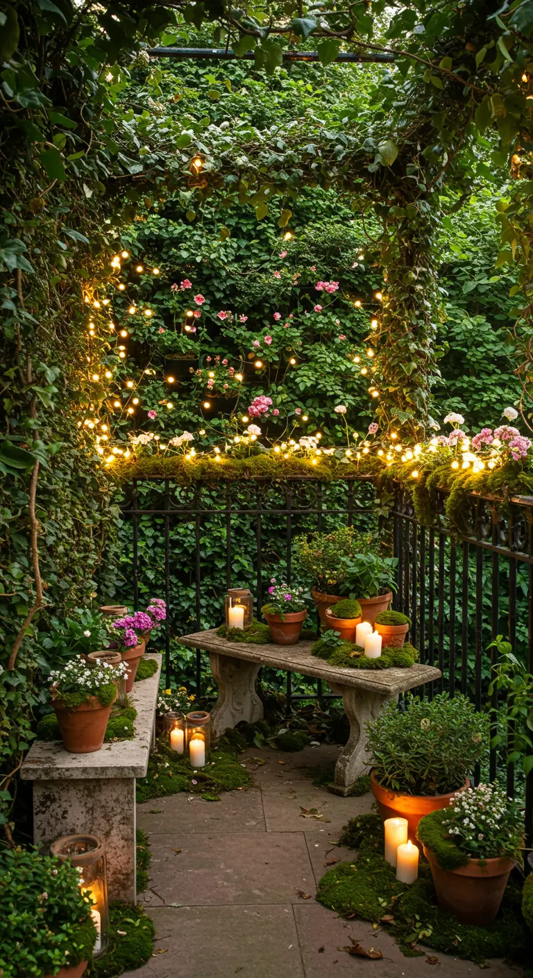 Coin de jardin luxuriant avec bancs en pierre, guirlandes et bougies.
