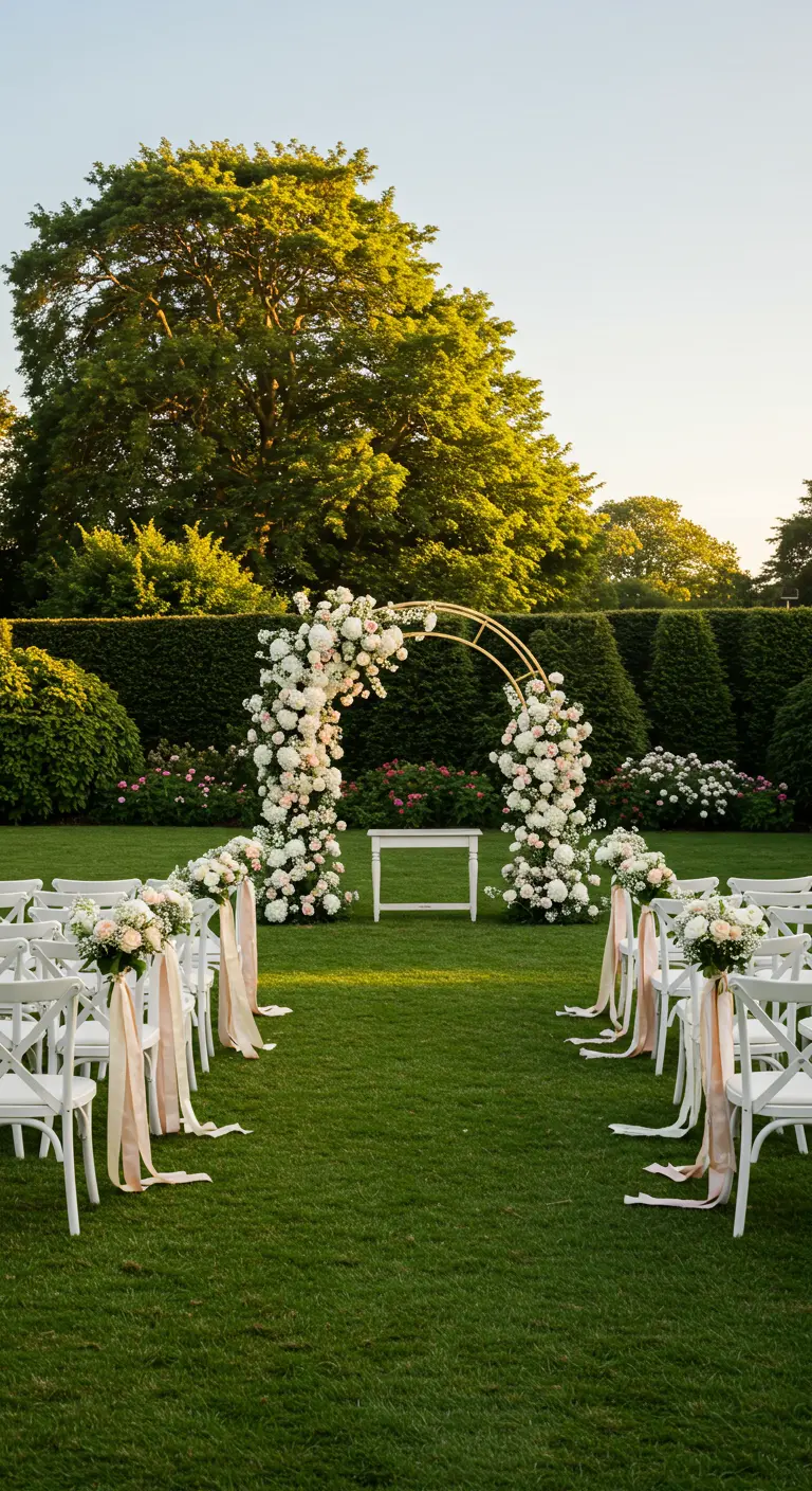 Arche de mariage dorée avec des fleurs blanches et roses dans un jardin verdoyant.