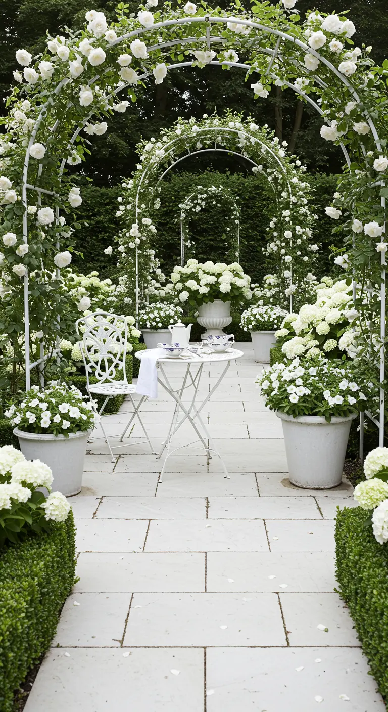 Bistro set blanc sous des arches de rosiers blancs avec des hortensias en pots dans un jardin élégant.