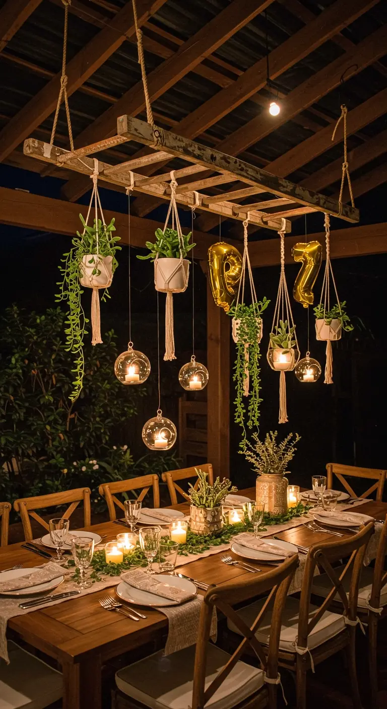 Échelle en bois suspendue au-dessus d'une table avec des plantes et des bougies.