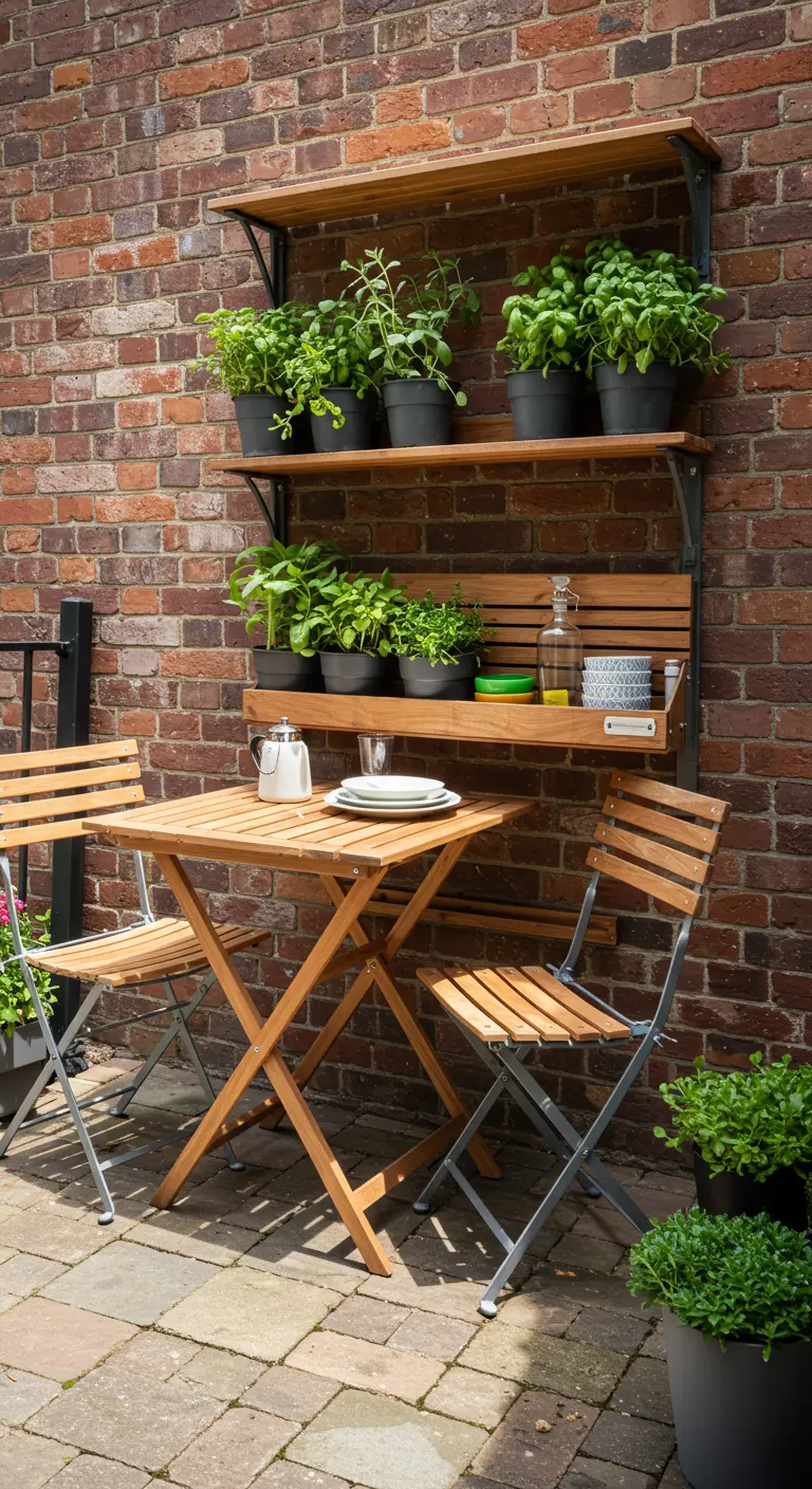 Table et chaises en bois pliantes devant un mur de briques avec des étagères de plantes aromatiques.