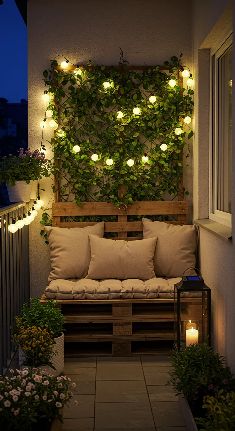 Canapé en palettes avec un treillis végétal illuminé par une guirlande.
