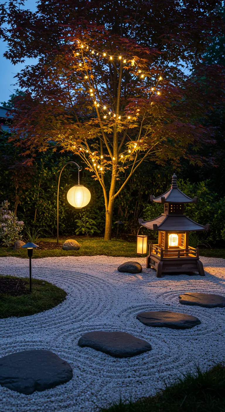 Jardin zen avec un érable du Japon illuminé, une lanterne pagode et une lanterne en papier.