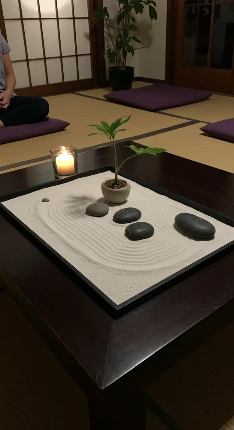 Mini jardin zen avec sable, galets, une succulente et une bougie en centre de table.