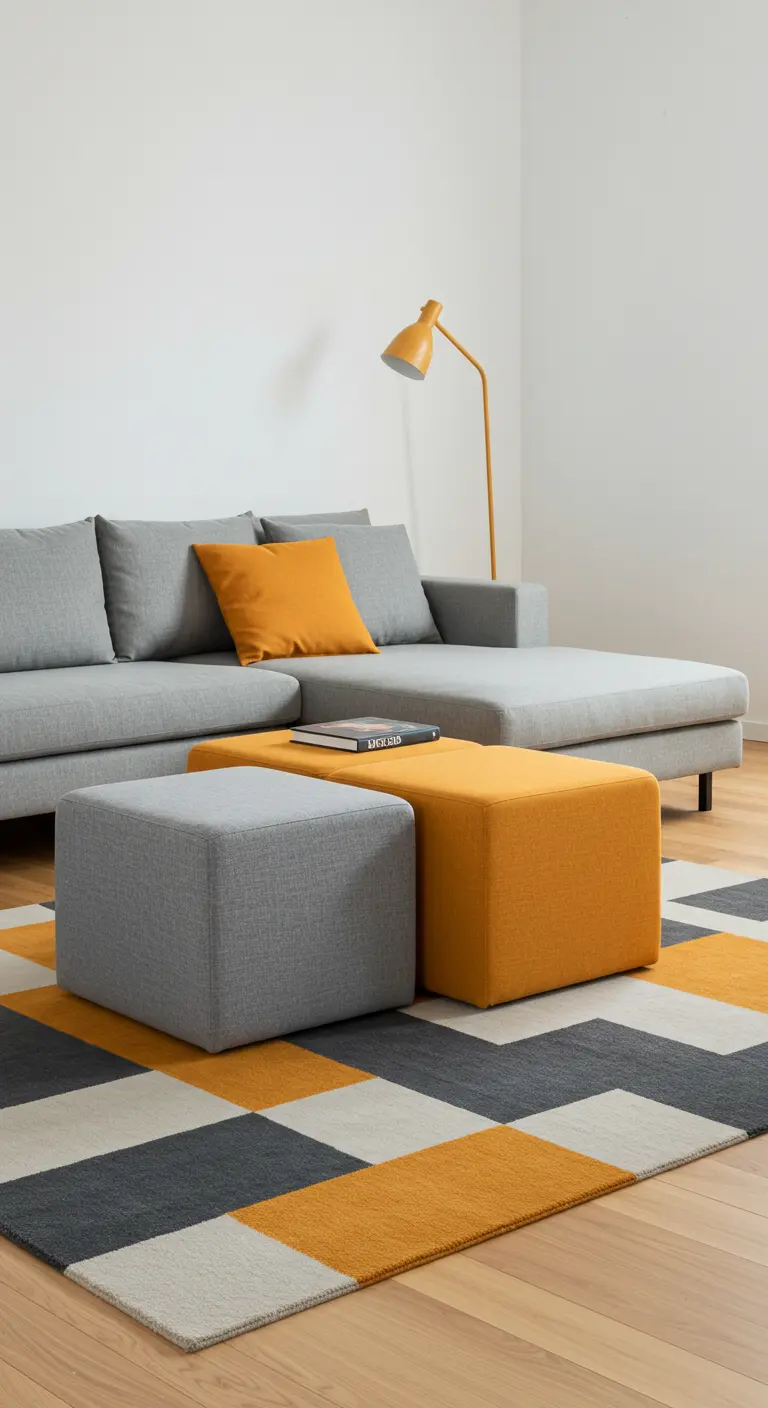 Deux poufs ottomans, un gris et un jaune, forment une table basse sur un tapis géométrique.