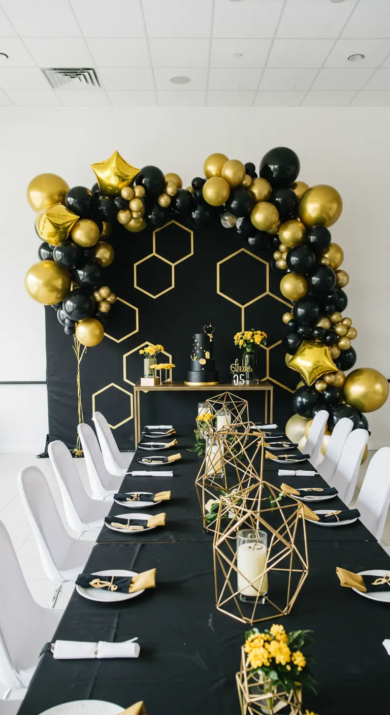 Table de fête moderne avec un fond noir à motifs hexagonaux dorés et des centres de table géométriques.