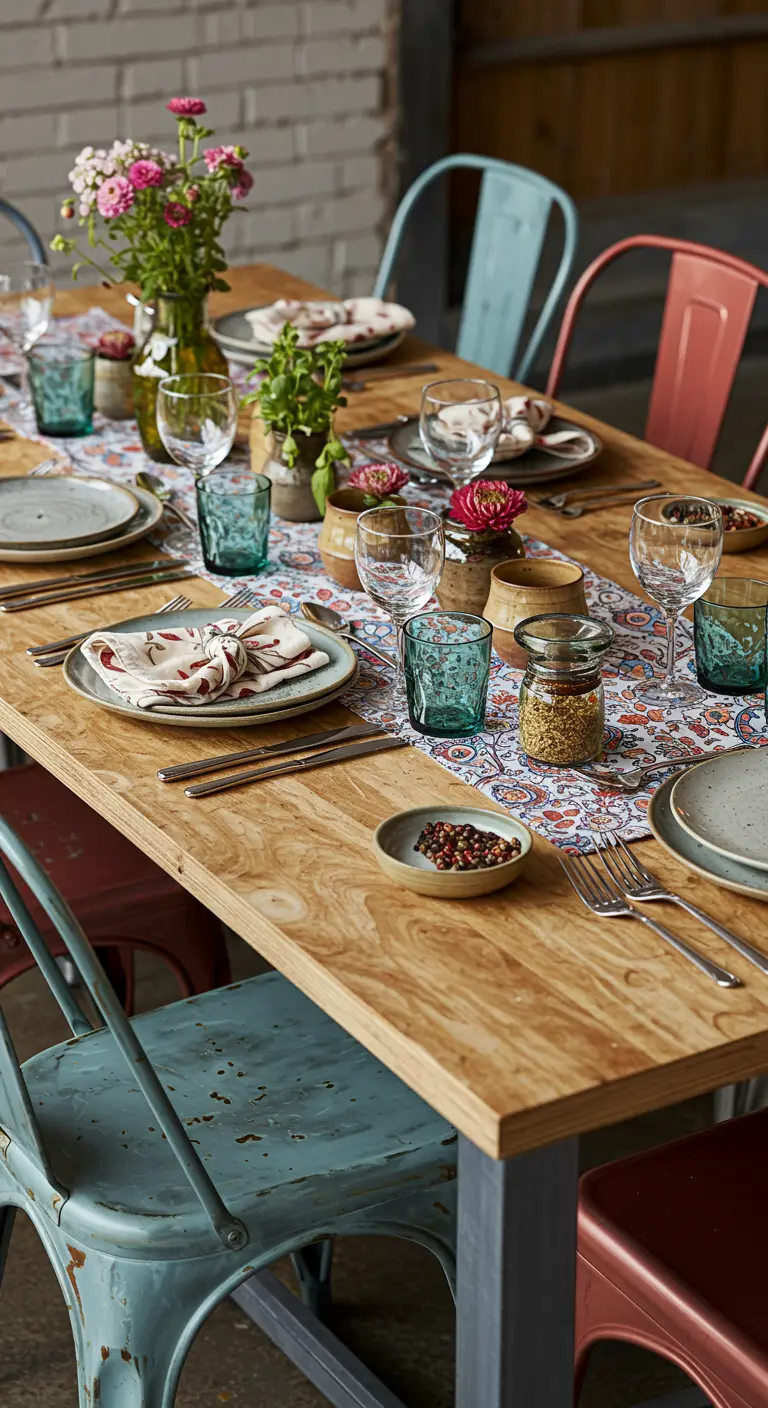 Table en bois avec des chaises en métal de couleurs différentes et un chemin de table à motifs.