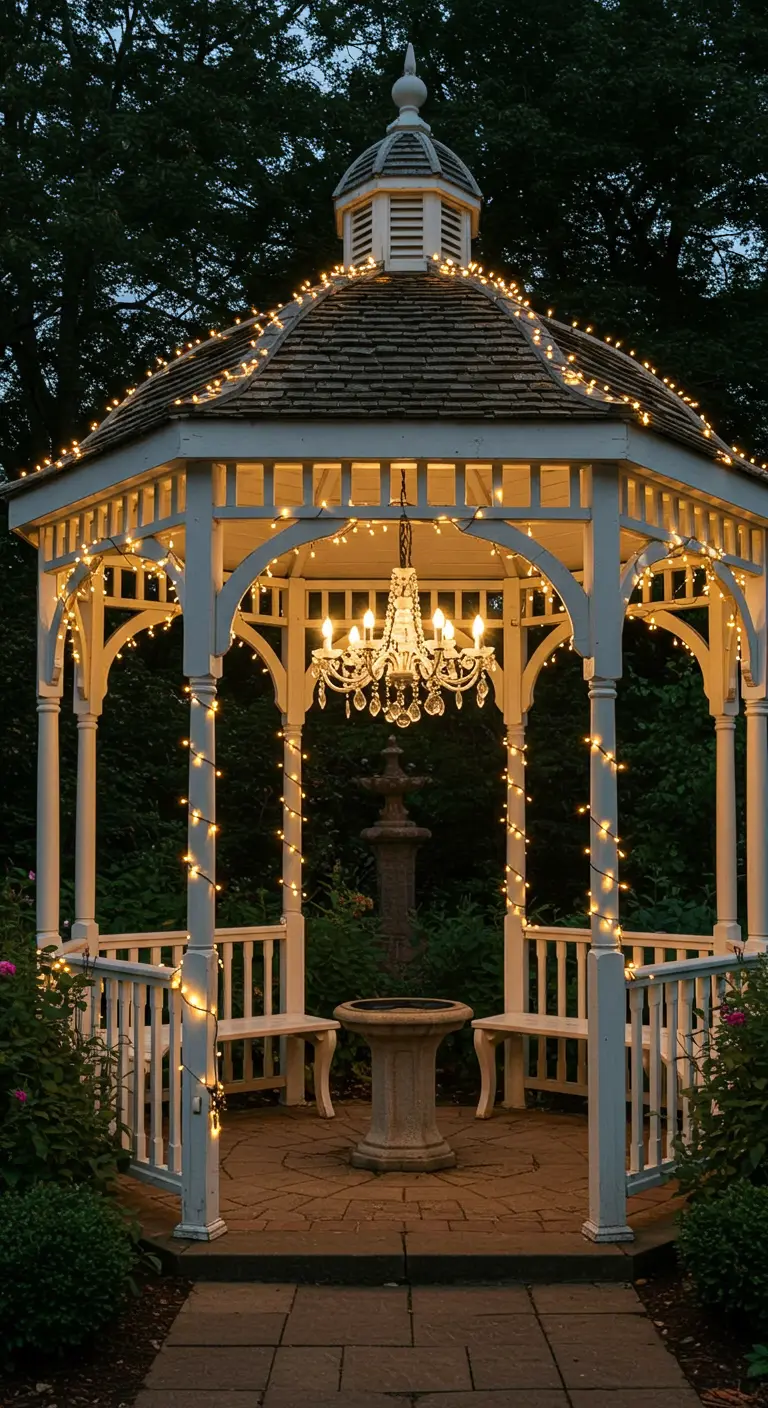 Un kiosque de jardin blanc décoré de guirlandes lumineuses avec un lustre en cristal au centre.
