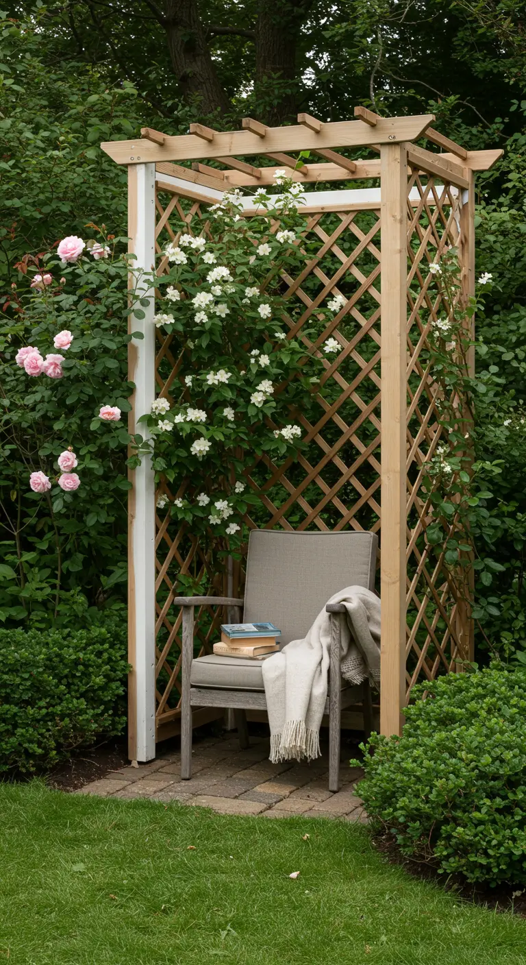 Kiosque de jardin en treillis de bois clair et blanc, couvert de roses blanches, avec un fauteuil et un plaid.