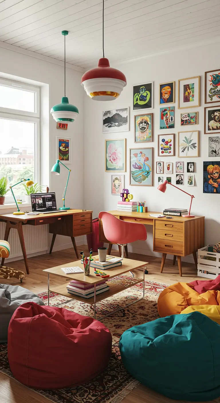 Espace de travail familial coloré avec plusieurs bureaux, poufs et mur de cadres