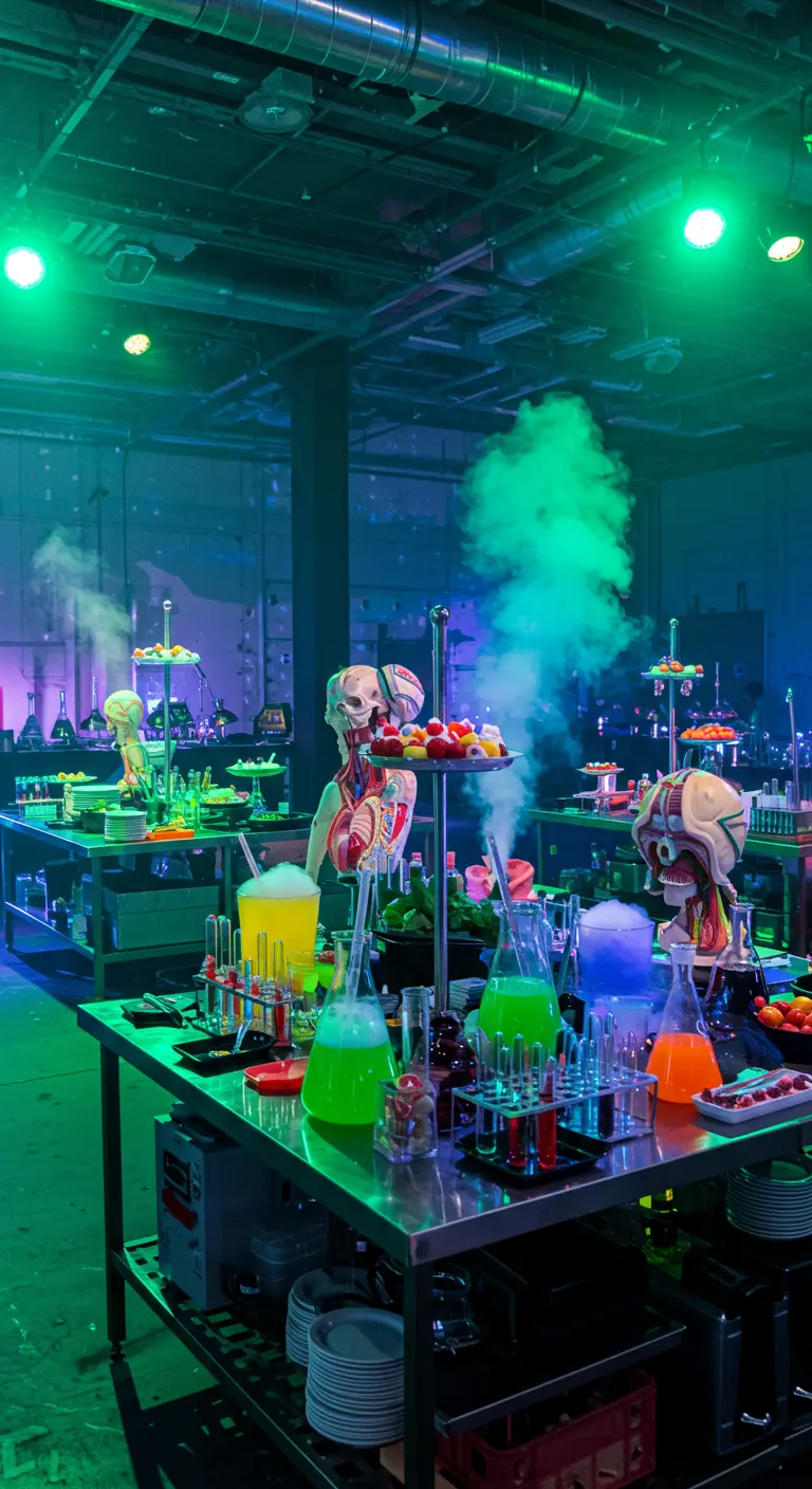 Buffet d'Halloween sur le thème laboratoire fou, lumières néon, fumée, éprouvettes.