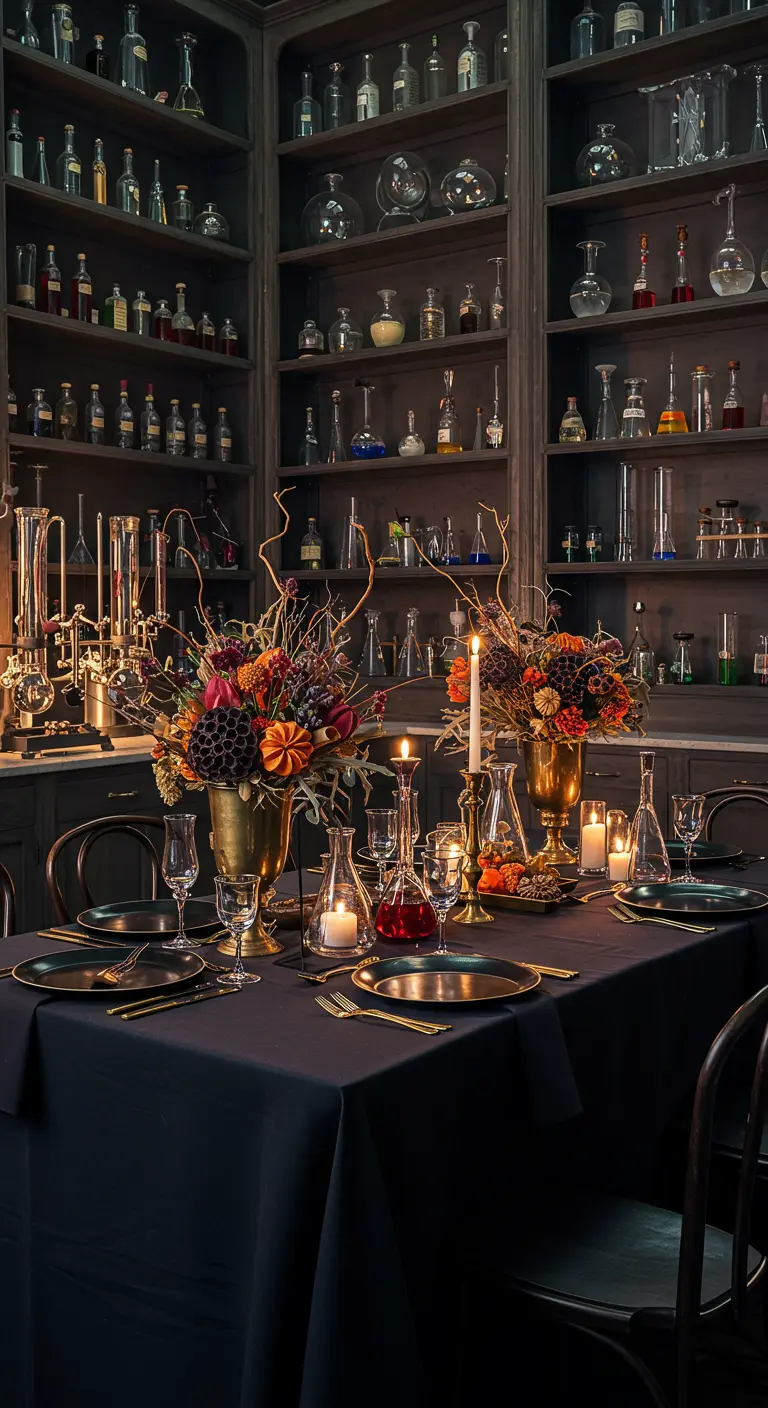 Table de dîner installée devant des étagères remplies de fioles d'apothicaire.