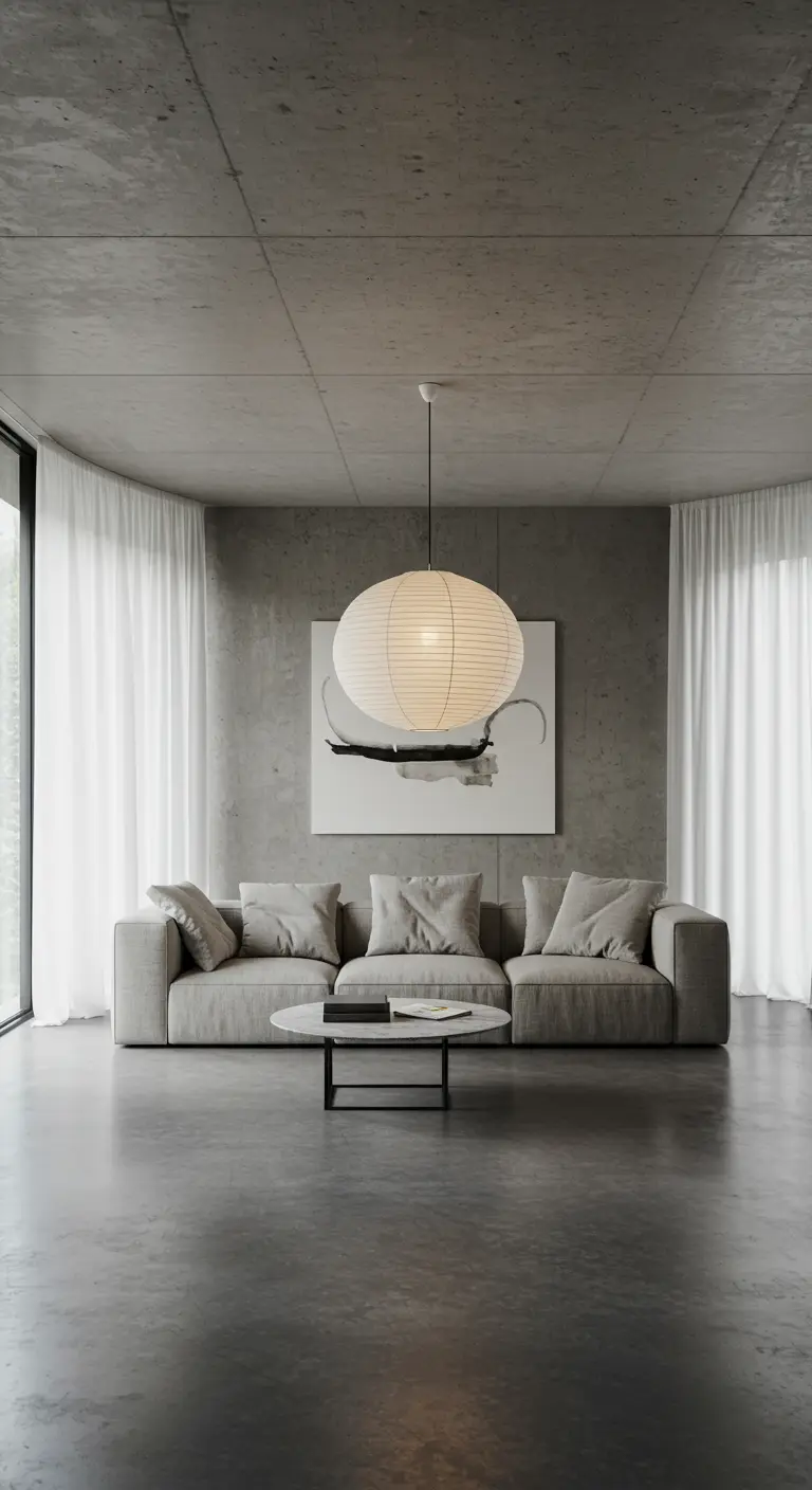 Salon minimaliste avec murs en béton, canapé gris et grande suspension en papier de riz.