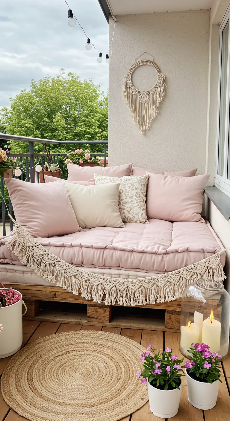 Lit de jour en palettes sur un balcon, avec matelas et coussins roses et décorations en macramé.