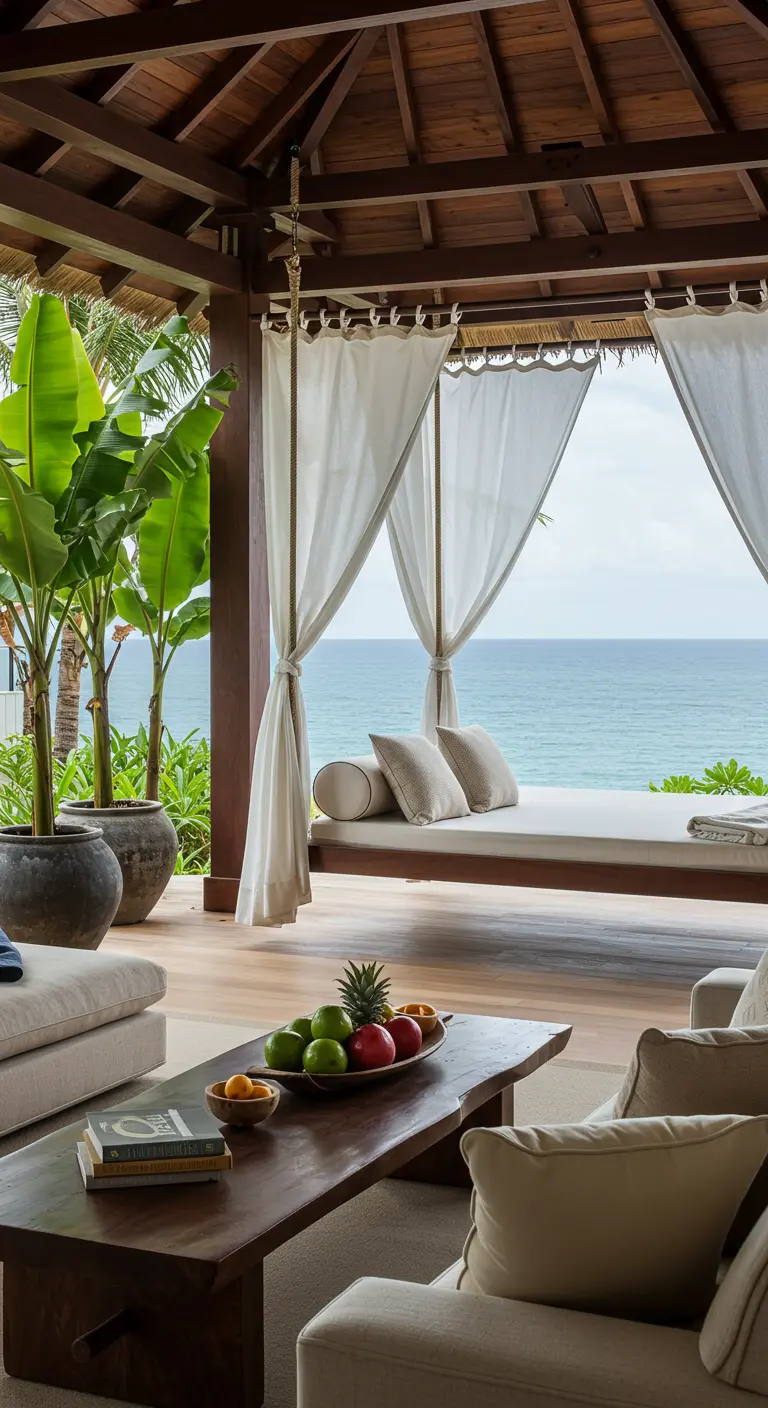 Lit de jour suspendu sur une terrasse couverte avec vue sur la mer, plantes tropicales.