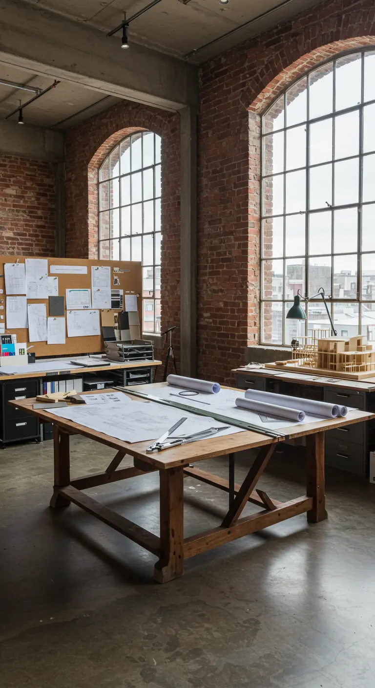 Bureau d'architecte dans un loft industriel avec grande table à dessin.