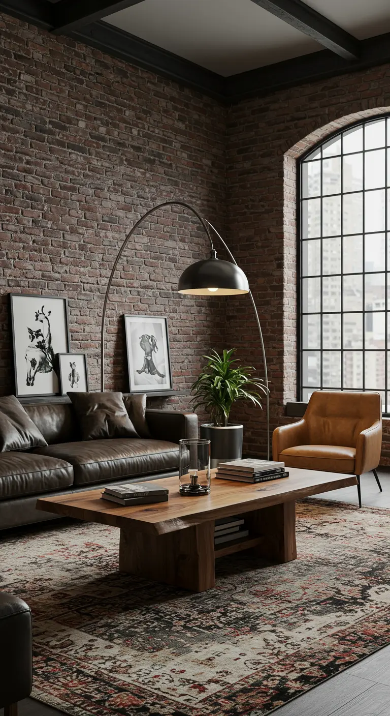 Salon industriel avec mur de briques, canapé en cuir marron et grande table basse en bois brut.