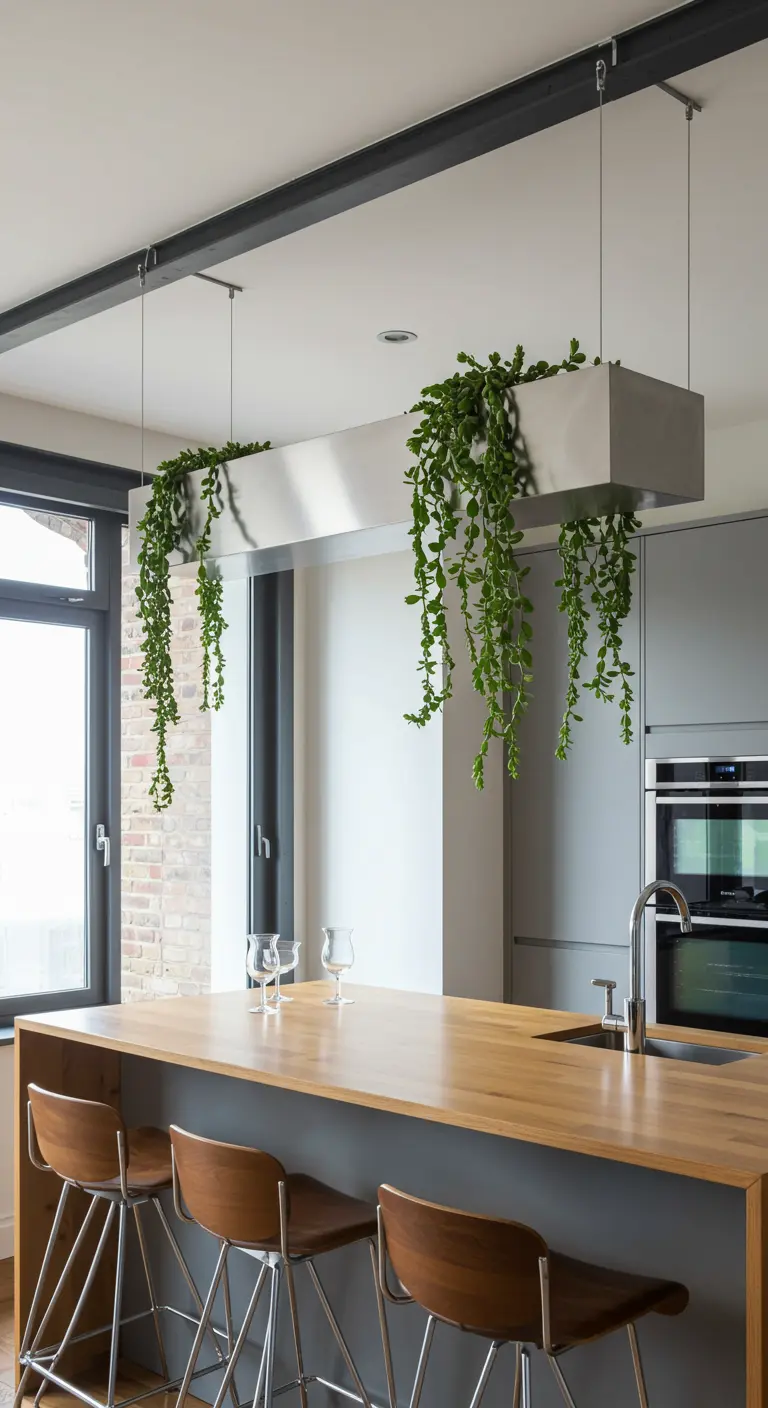 Des plantes retombantes suspendues à une structure métallique au-dessus d'un îlot de cuisine.
