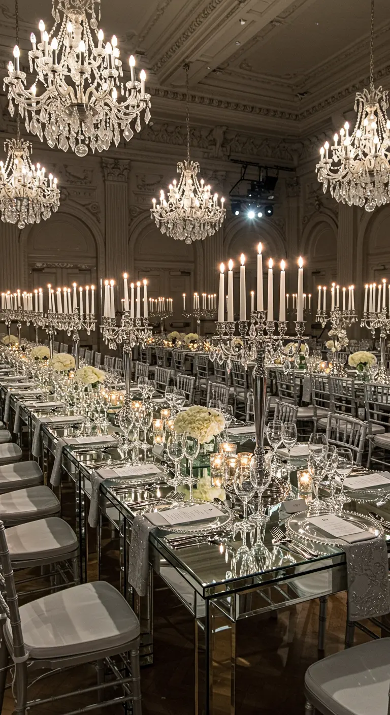 Grande salle de bal avec de nombreuses tables en miroir, des candélabres hauts et des bouquets de roses blanches.