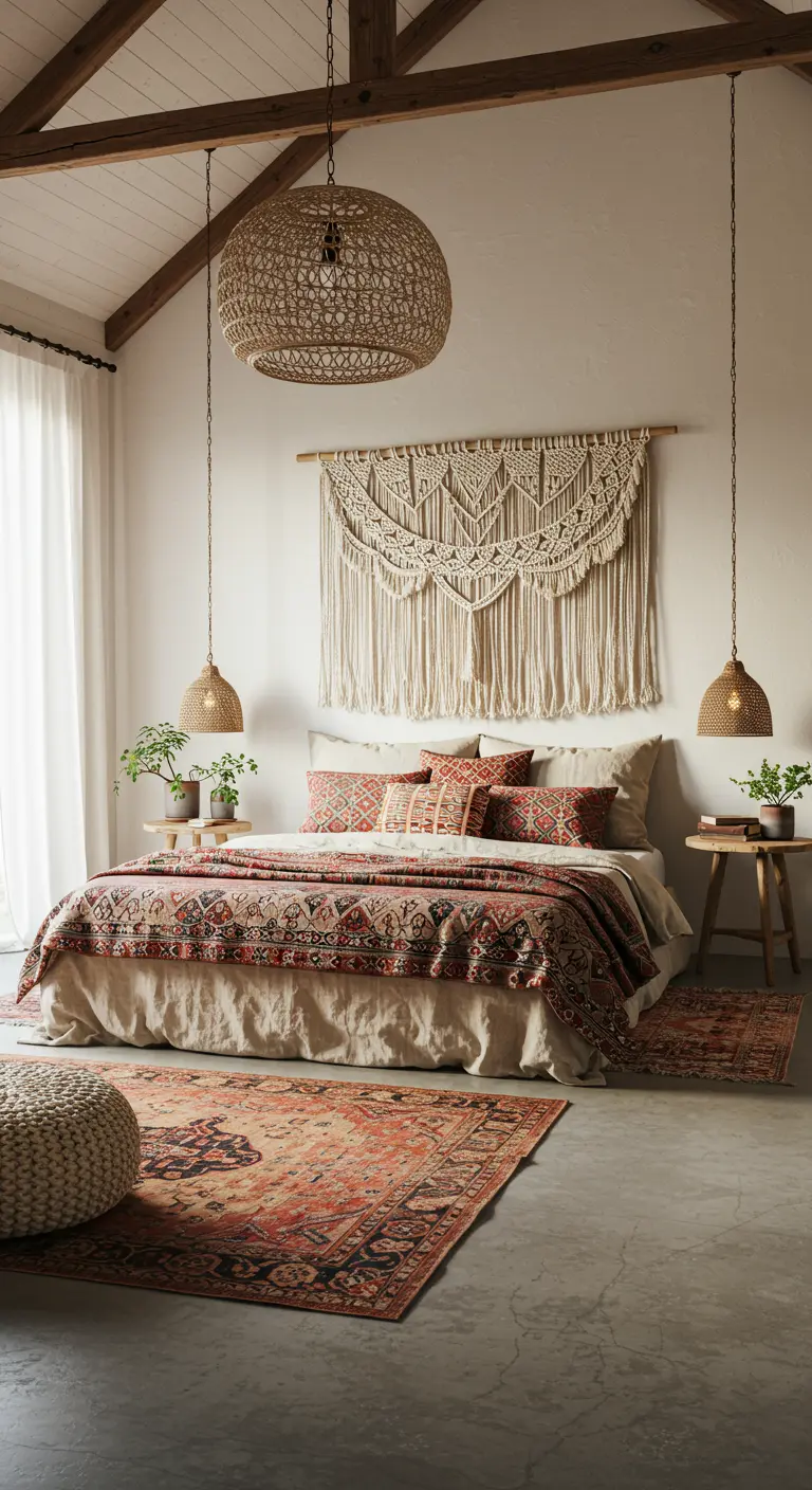 Chambre bohème chic avec grand macramé, tapis persan, et luminaires tissés suspendus.