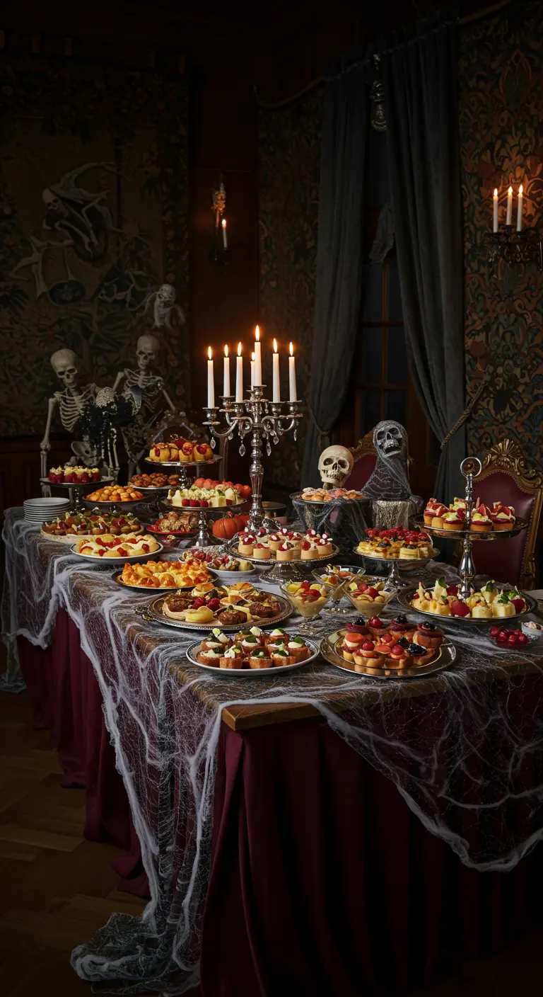 Buffet d'Halloween élégant dans un manoir, avec nappe sombre, toiles d'araignées et squelettes.