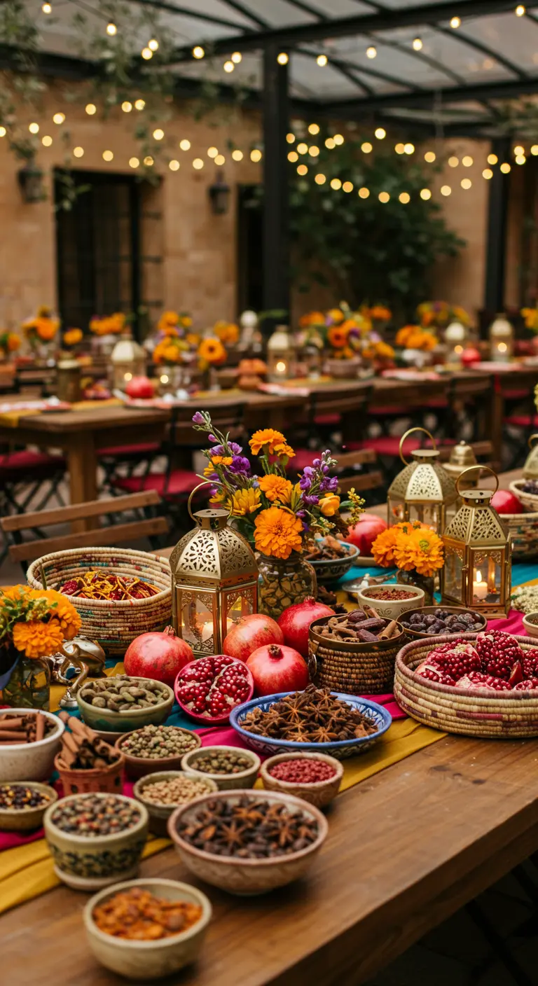 Table chargée de bols d'épices, de grenades et de fleurs colorées.