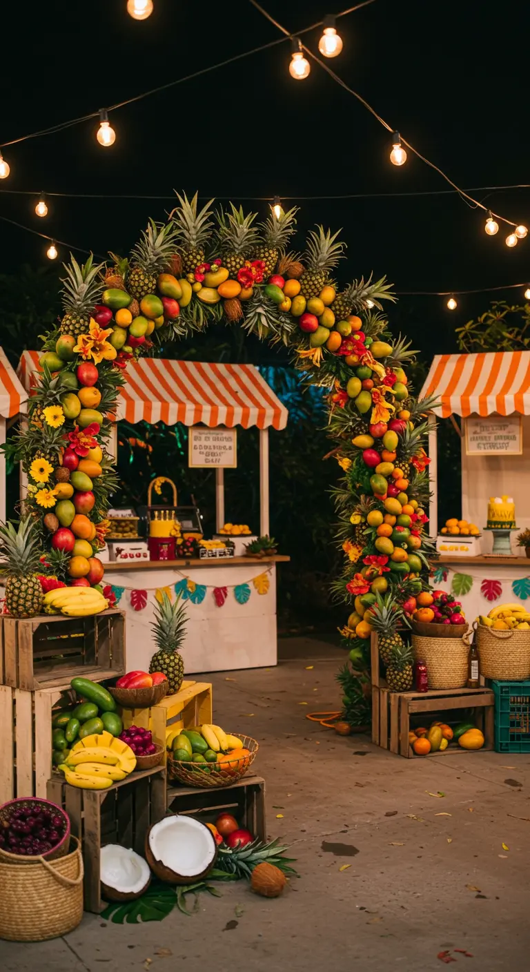 Arche spectaculaire entièrement décorée de fruits tropicaux frais et colorés.
