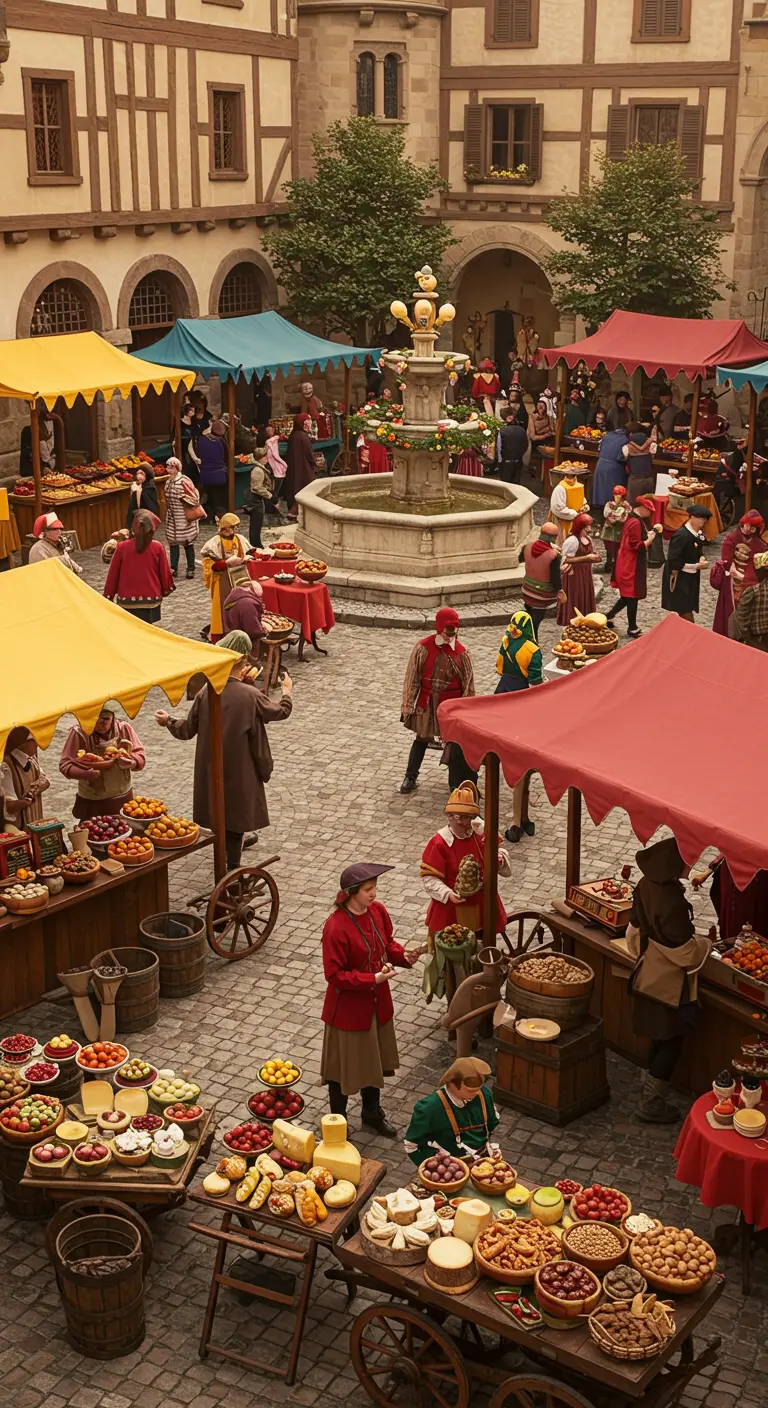 Marché médiéval animé avec des étals de fruits, de fromages et de pains.