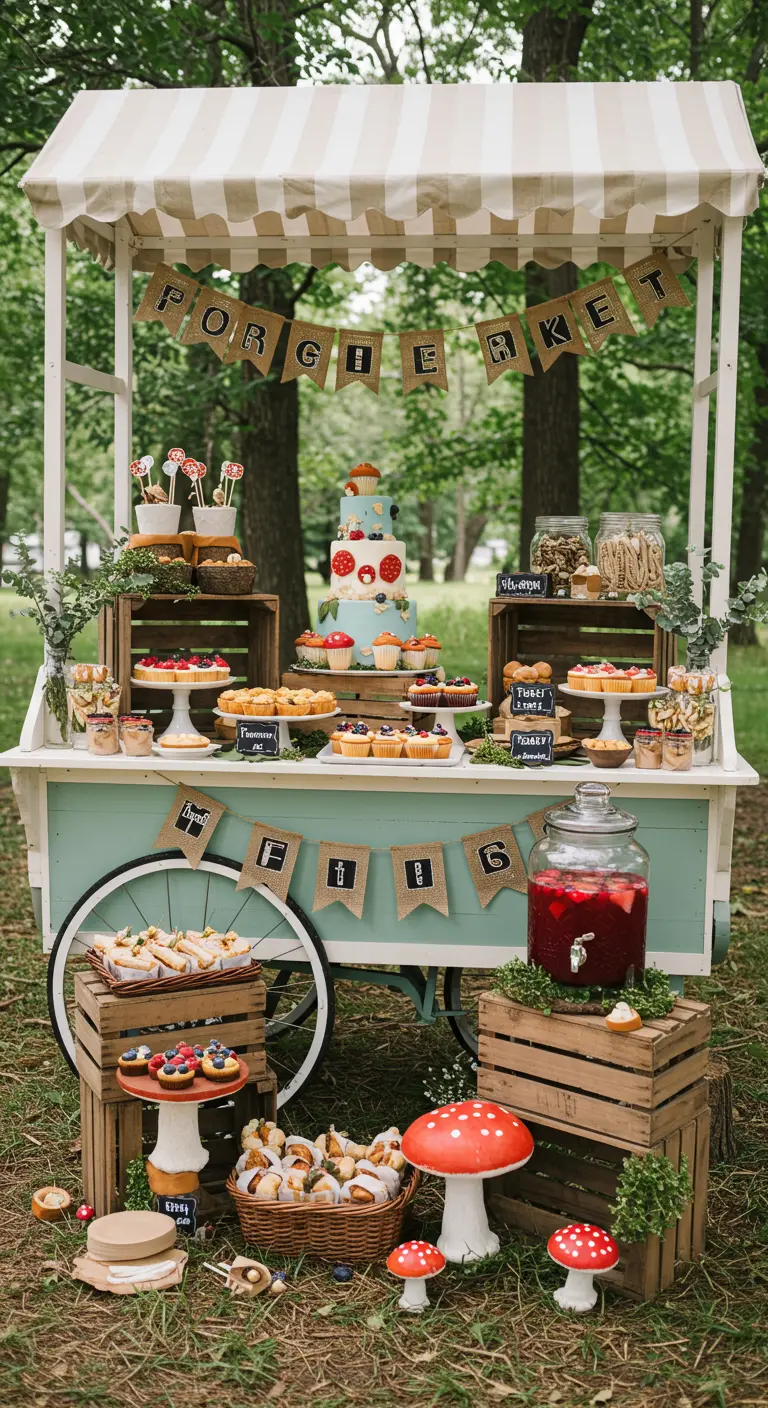 Charrette de marché en bois remplie de gâteaux et de desserts dans un décor de forêt.