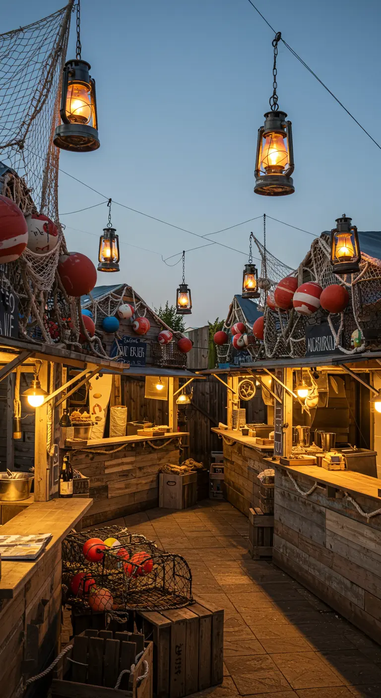 Échoppes de marché en bois décorées de filets de pêche, bouées et lanternes.