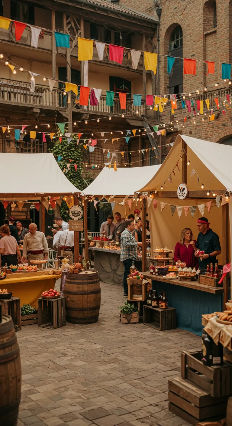 Marché de style pirate dans une cour avec des tentes, des tonneaux et des guirlandes.