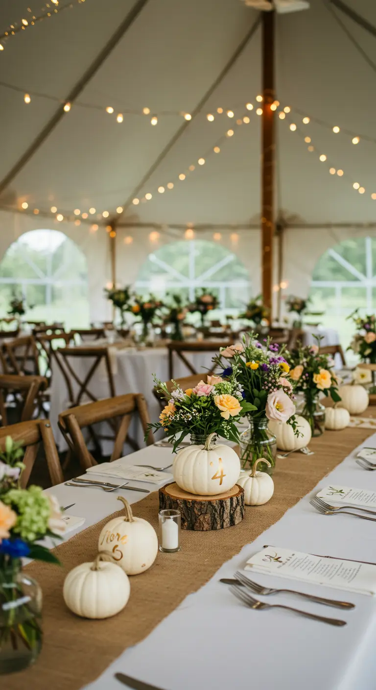 Table de réception de mariage avec des citrouilles blanches utilisées comme numéros de table.