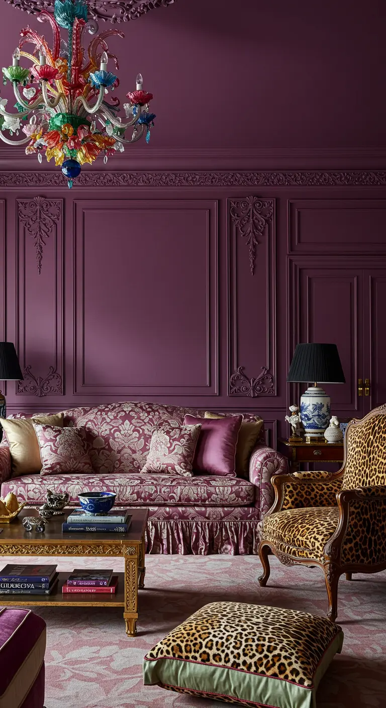 Salon maximaliste pourpre avec moulures ornées et motifs léopard.
