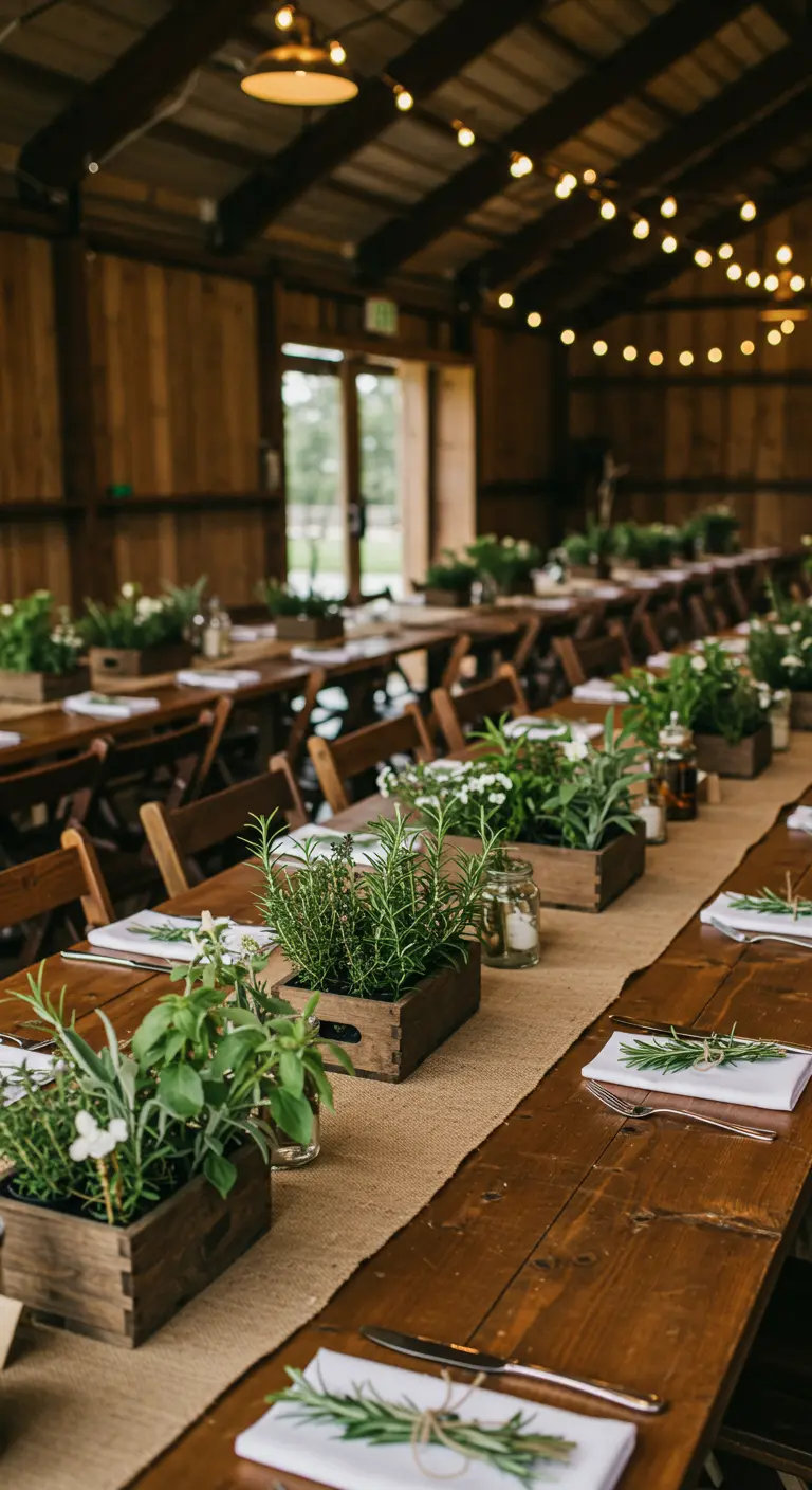 Petites caisses en bois remplies d'herbes aromatiques alignées sur une longue table.