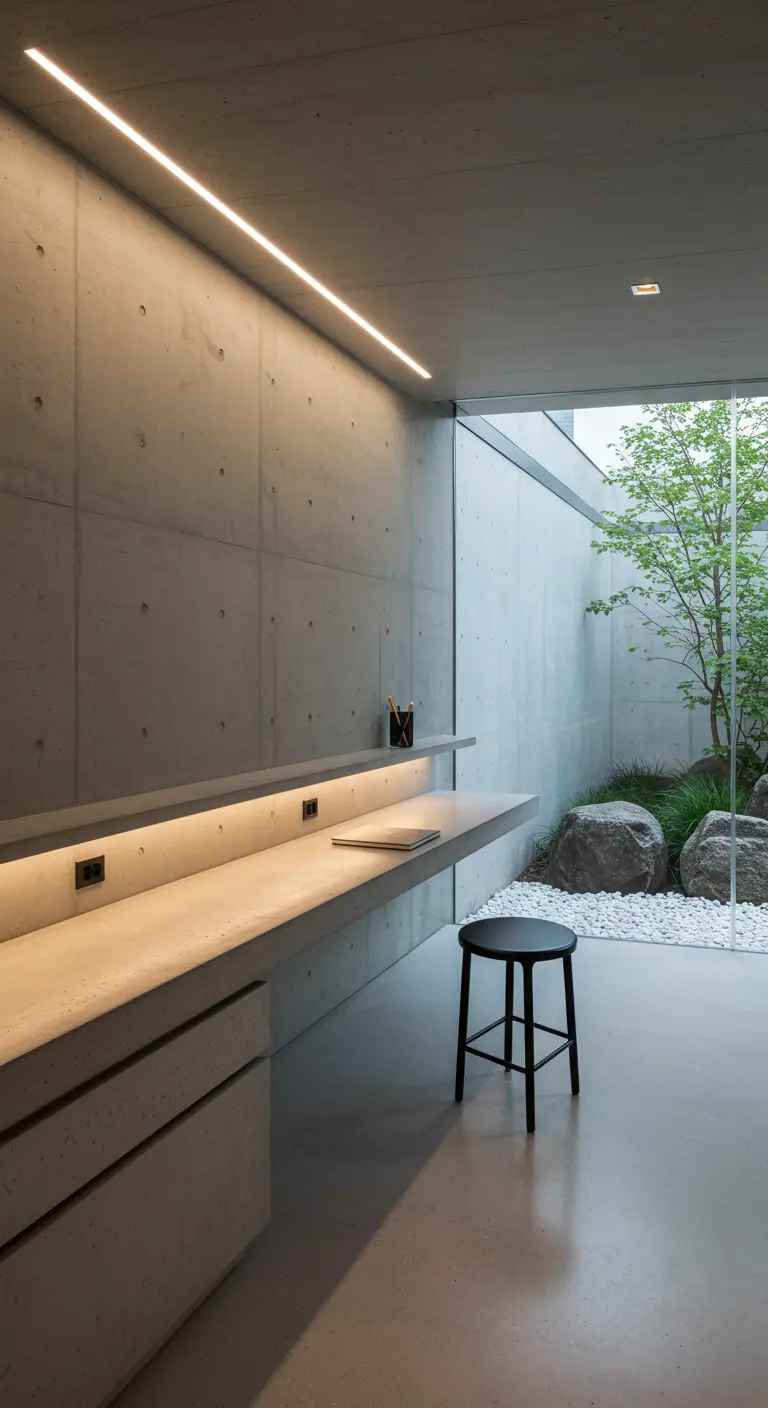 Long bureau en béton ciré intégré au mur, avec éclairage LED indirect.