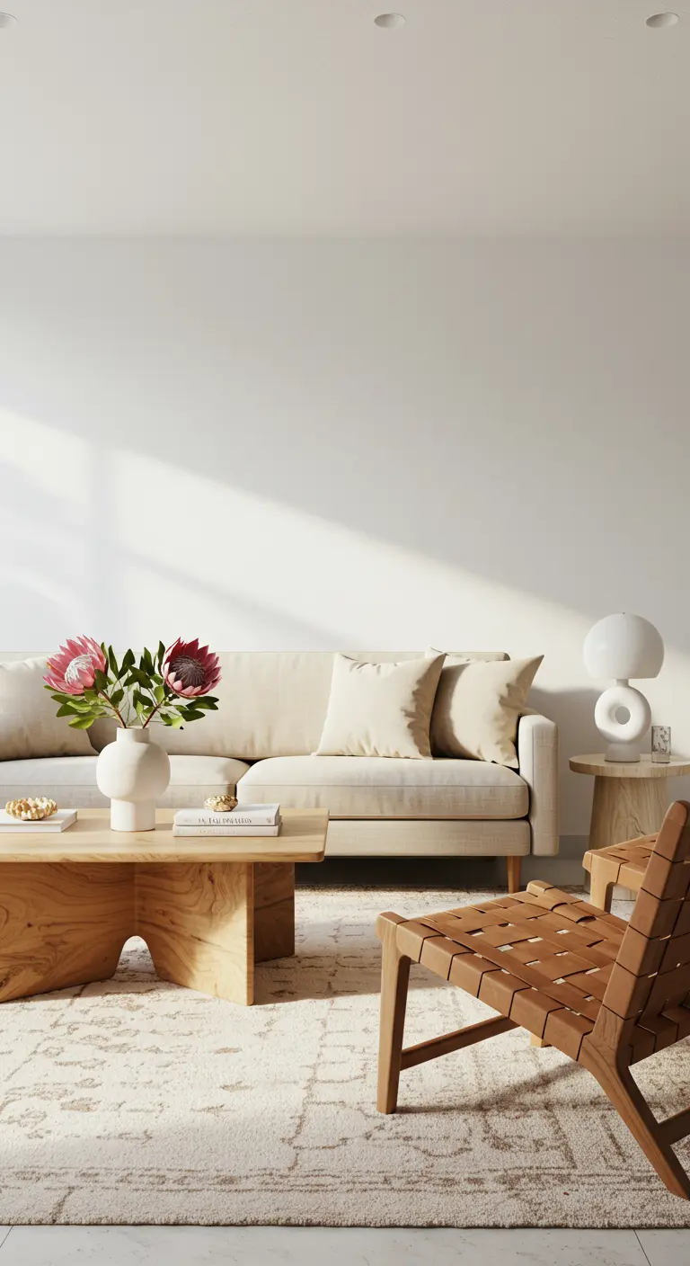 Salon minimaliste avec mobilier en bois clair et fleurs de protéa
