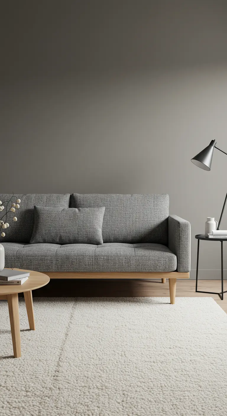 Canapé scandinave gris sur un tapis en laine bouclée blanc cassé à fines rayures.