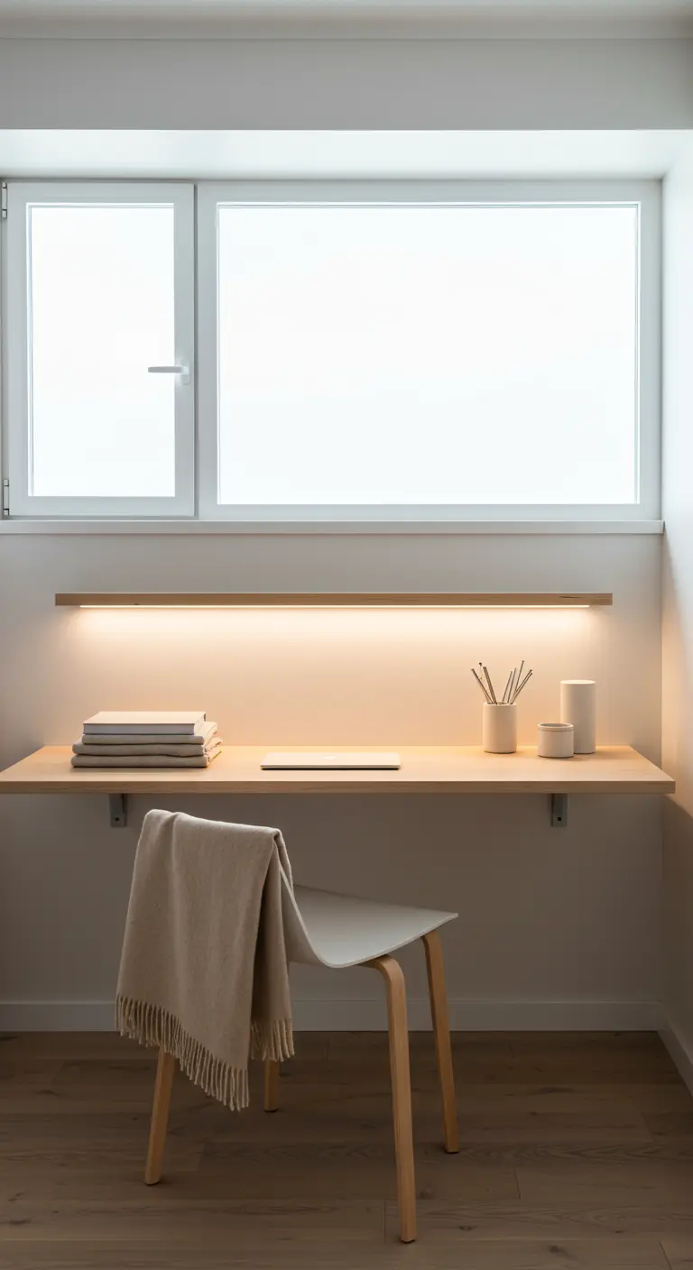 Bureau tablette flottant dans une niche, éclairé par une barre LED et accompagné d'une chaise simple.