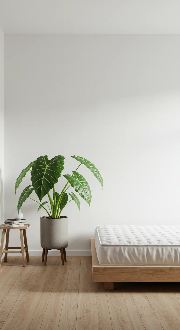 Chambre ultra minimaliste avec un matelas au sol et une grande plante Alocasia.