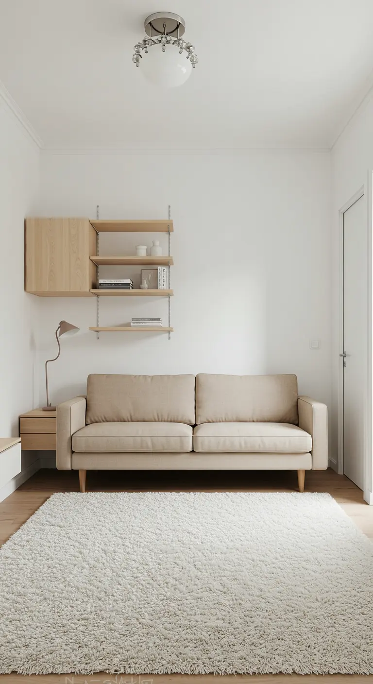 Petit salon minimaliste avec un canapé beige et un grand tapis blanc moelleux.