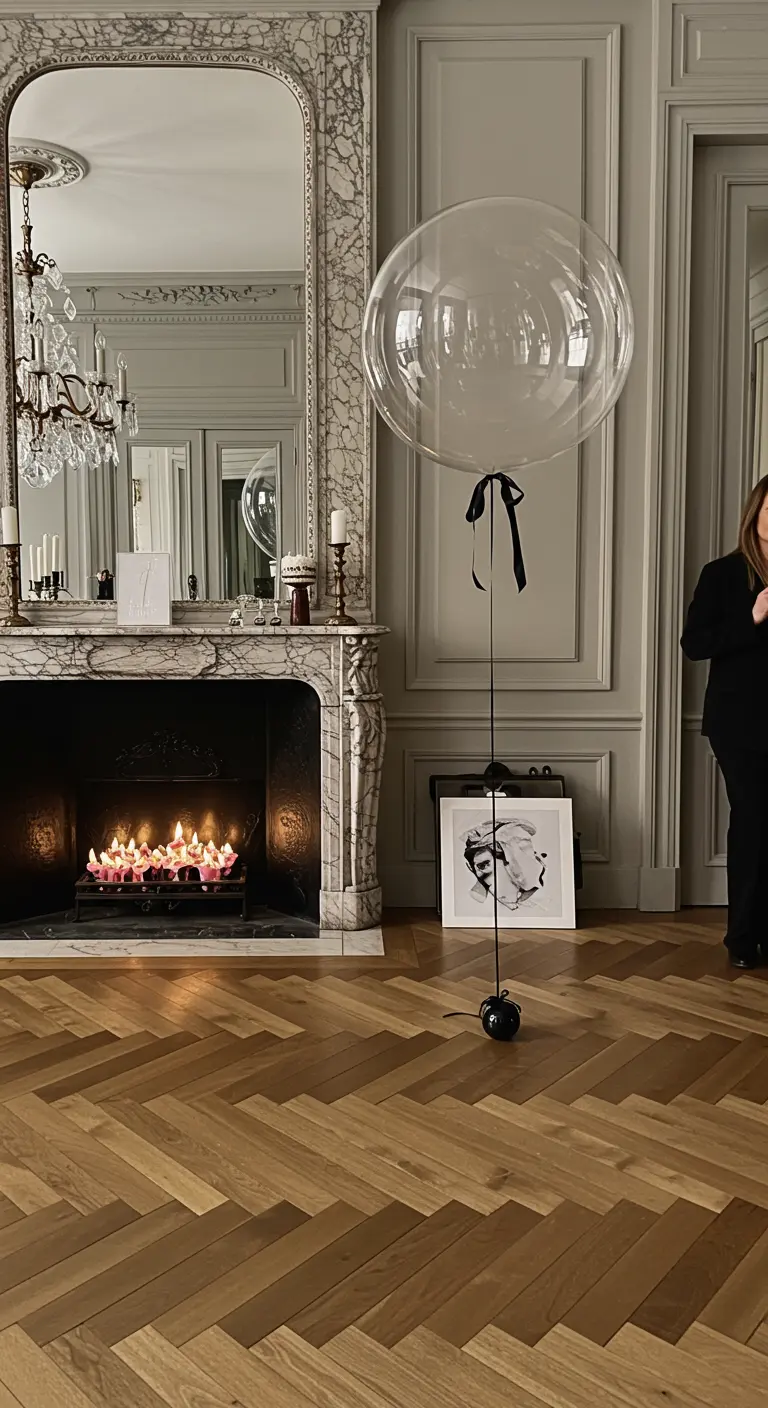 Unique ballon transparent géant avec un ruban noir dans un appartement haussmannien.
